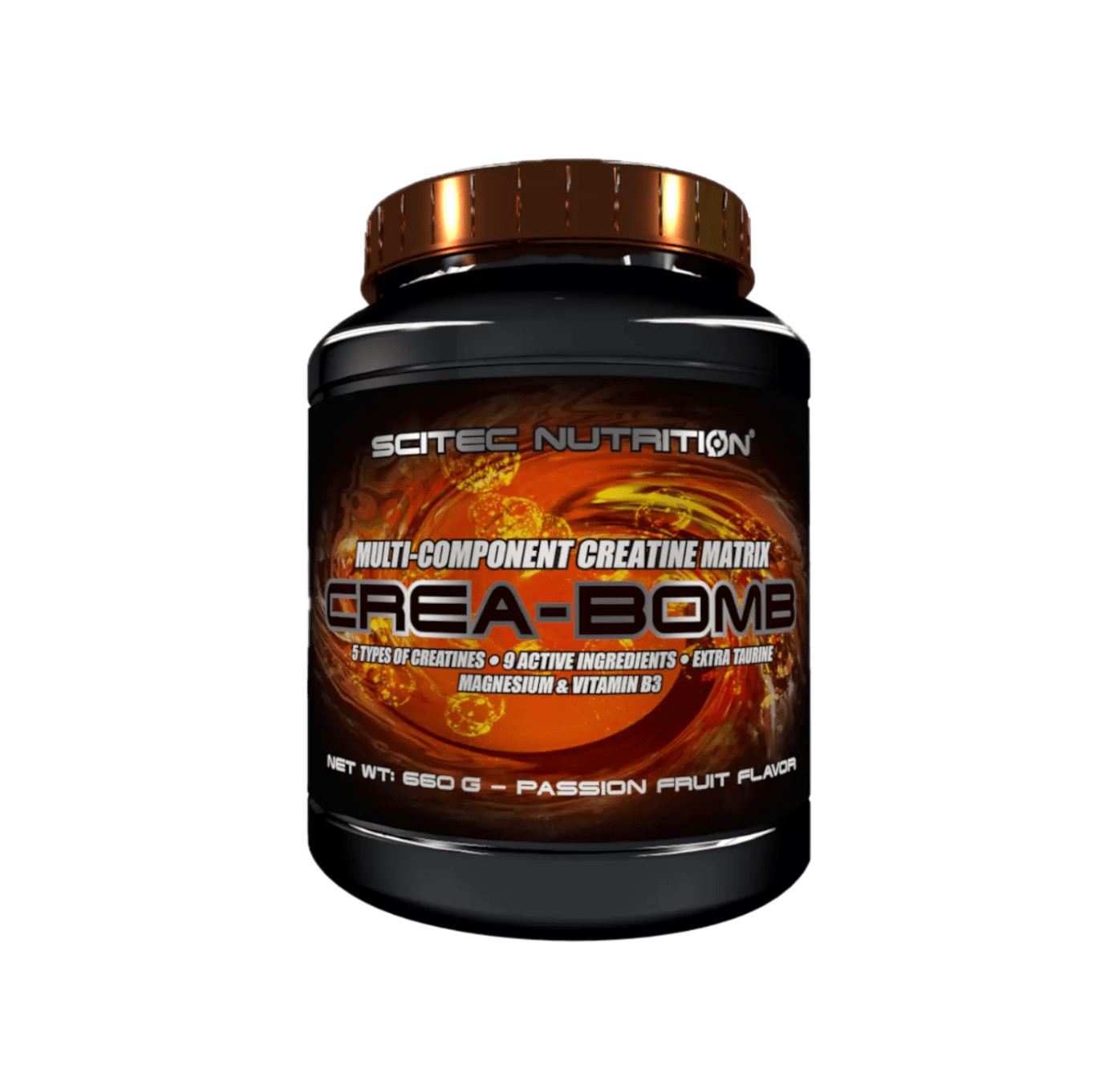 Pote do suplemento Scitec Crea-Bomb 660 g – fórmula com 6 tipos de creatina, taurina, magnésio e vitamina B3 para força e desempenho muscular. BIGFORCESTORE