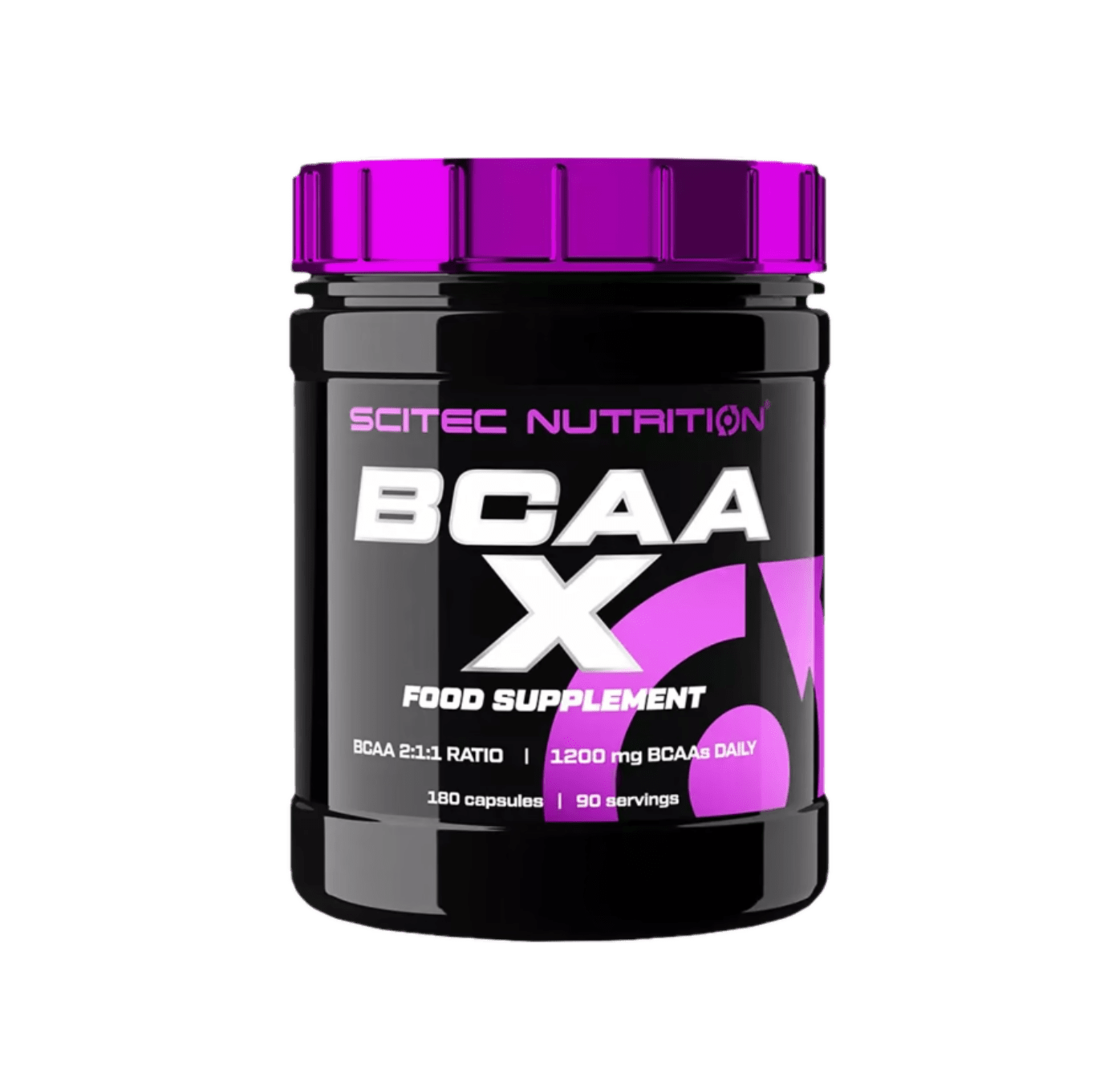 Pote 180 caps BCAA X SCITEC. Recuperação muscular, proteção contra catabolismo e energia em treinos intensos. BIGFORCESTORE