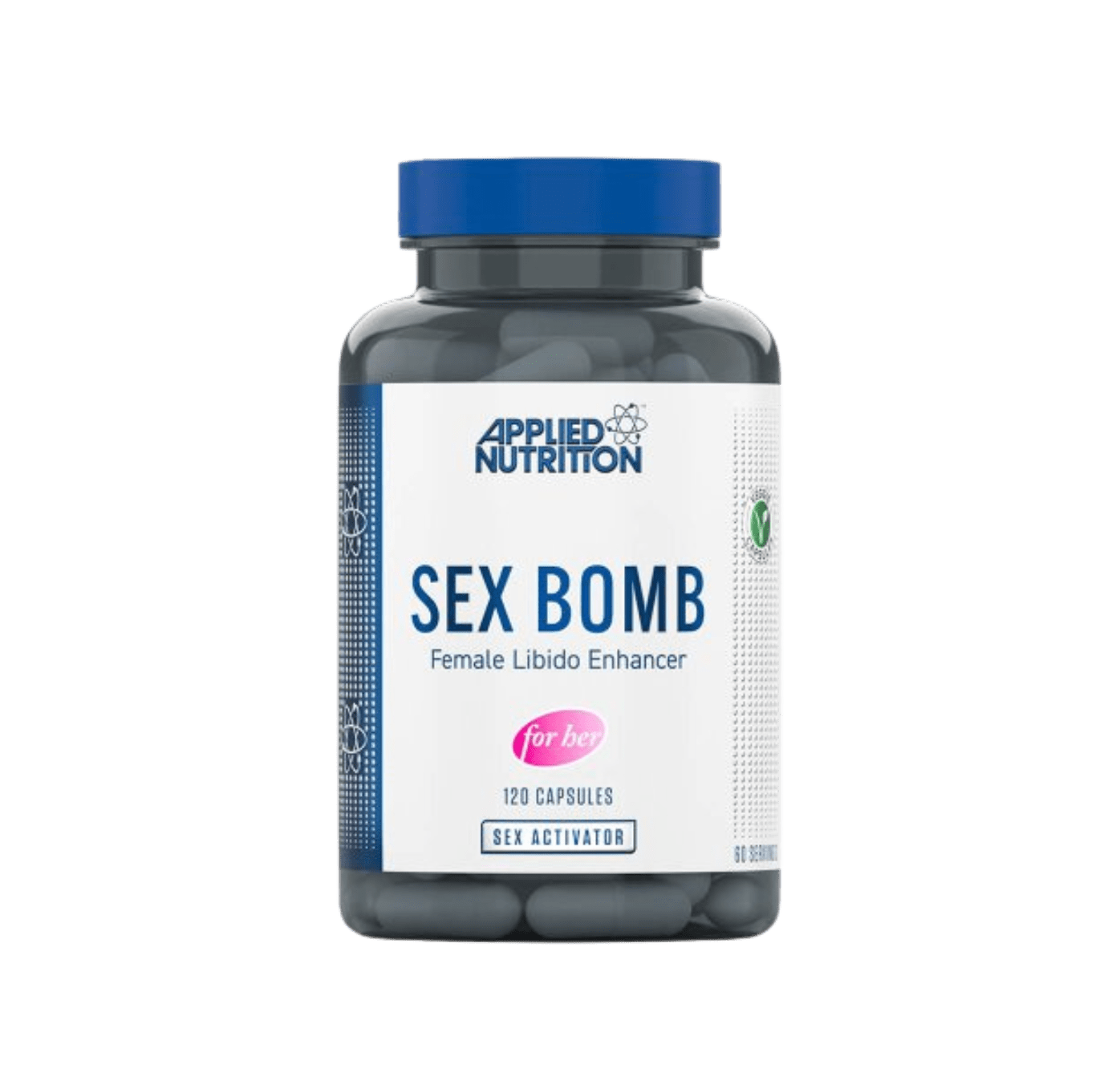 Frasco do suplemento Sex Bomb For Her da Applied Nutrition – 120 cápsulas veganas para libido, equilíbrio hormonal e bem-estar sexual feminino. BIGFORCESTORE