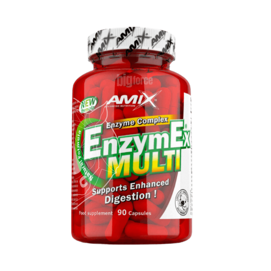 Frasco do suplemento Amix Enzymex Multi 90 cápsulas, com complexo de enzimas digestivas de origem vegetal, indicado para melhorar a digestão e absorção de nutrientes. BIGFORCESTORE