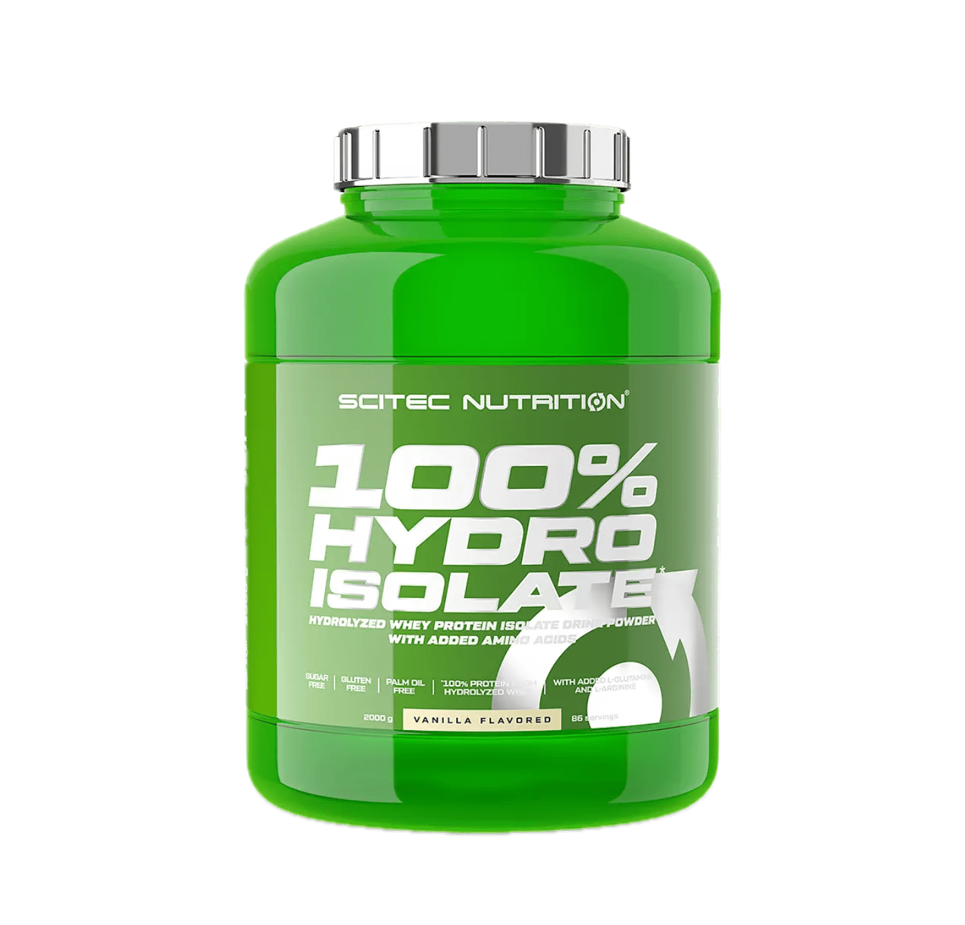 Pote de proteína Scitec 100% Hydro Isolate 2 kg – whey isolado e hidrolisado com glutamina e arginina, rápida absorção e fórmula sem glúten nem açúcar. BIGFORCESTORE