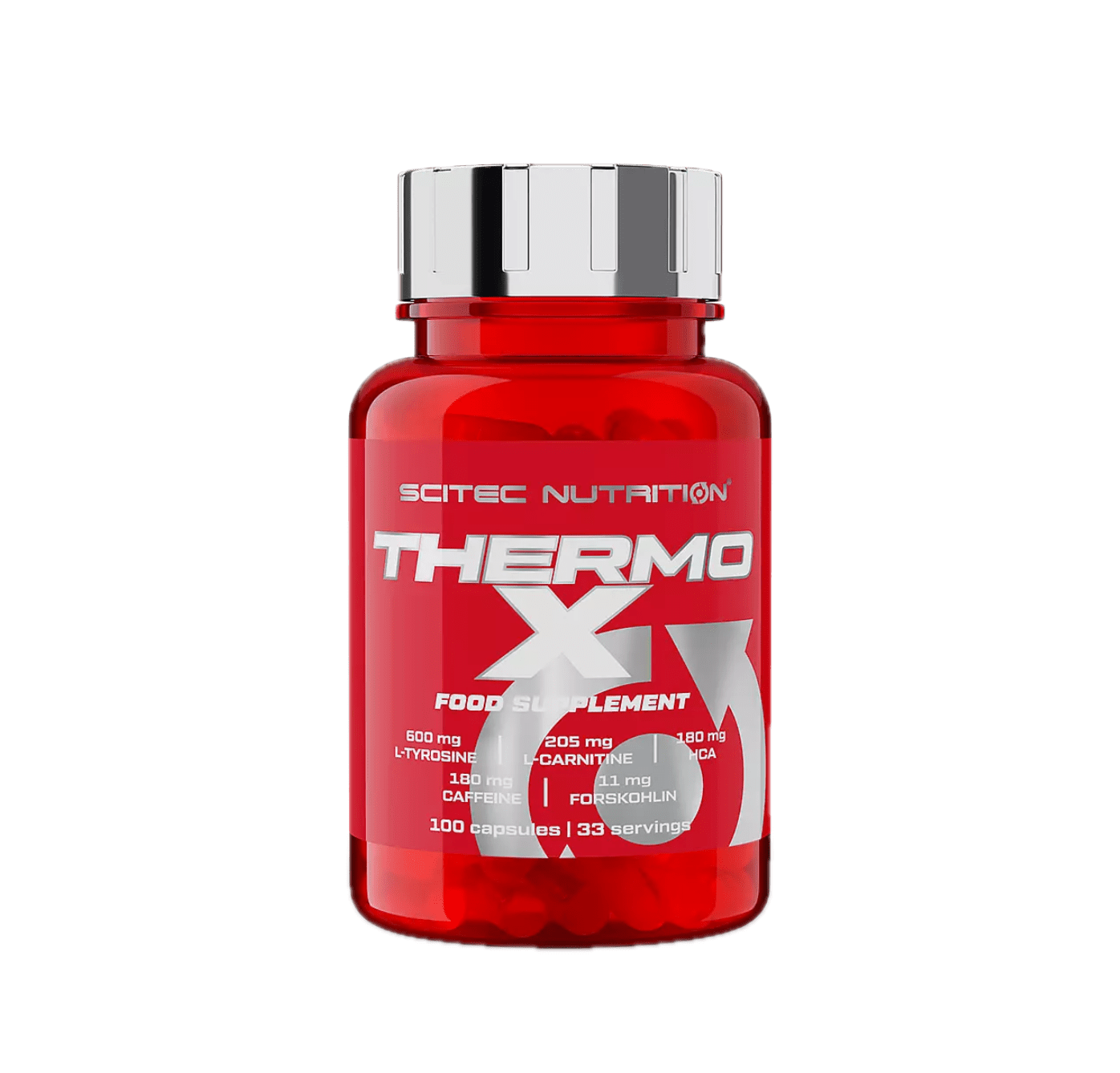 Frasco do suplemento Thermo-X da Scitec Nutrition – termogénico com cafeína, L-carnitina e Garcinia cambogia para queima de gordura e foco mental. BIGFORCESTORE