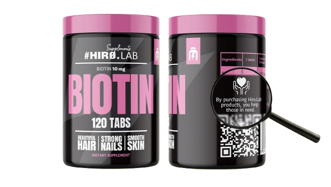 Frasco de 120 comprimidos de Hiro.Lab Biotina – 2,5 mg por dose, suplemento para cabelo, pele, unhas e sistema nervoso. BIGFORCESTORE