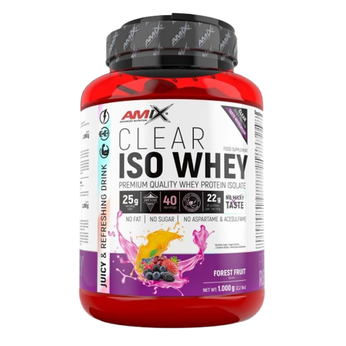 Pote do suplemento Amix Clear Iso Whey 1 kg, proteína isolada cristalina com 87% de pureza, sabor leve e refrescante, ideal para recuperação muscular e fácil digestão. BIGFORCESTORE