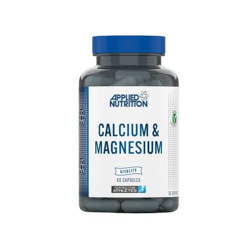 Frasco de 60 cápsulas vegetais de Calcium & Magnesium da Applied Nutrition – suplemento com cálcio e magnésio para suporte ósseo, muscular e equilíbrio nervoso. BIGFORCESTORE