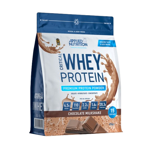 Pacote 450g do Critical Whey Applied Nutrition – suplemento proteico com whey triplo, BCAAs e glutamina para crescimento e recuperação muscular. BIGFORCESTORE