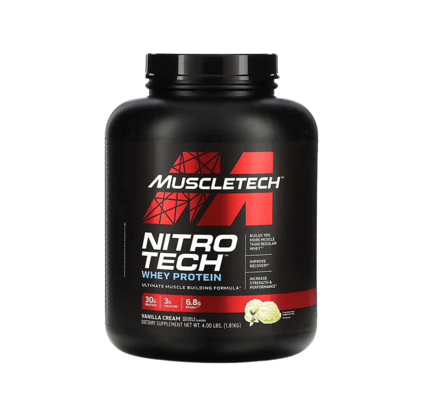 Pote de MuscleTech Nitro‑Tech – whey protein com creatina, BCAAs e glutamina, para crescimento muscular, força e recuperação. BIGFORCESTORE