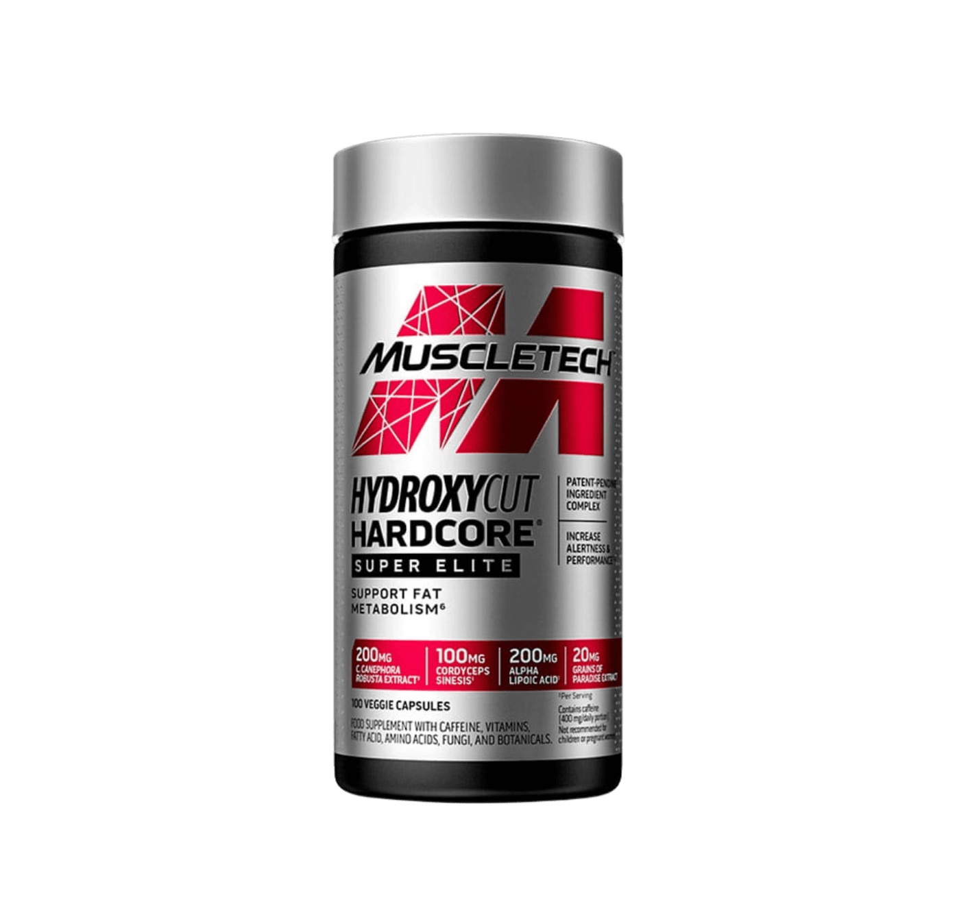 Frasco de Hydroxycut Hardcore Super Elite da MuscleTech – cápsulas termogénicas com extrato de café verde, Zynamite®, ALA e cafeína para queima de gordura, energia e foco. BIGFORCESTORE.