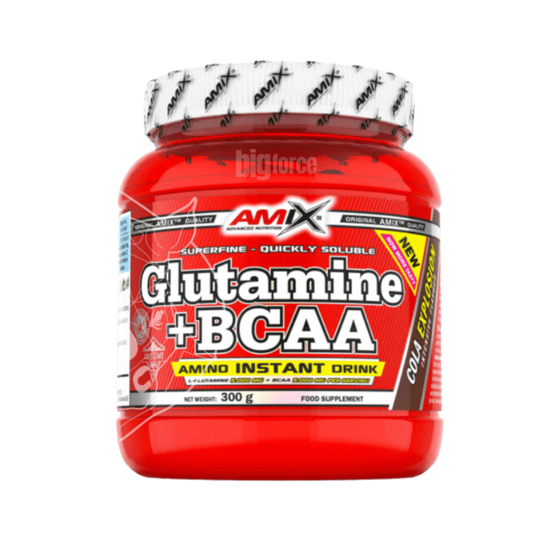 Pote do suplemento Amix Glutamine + BCAA 1000g, combinação de BCAA 2:1:1 e L-Glutamina para recuperação muscular, crescimento e desempenho esportivo. BIGFORCESTORE