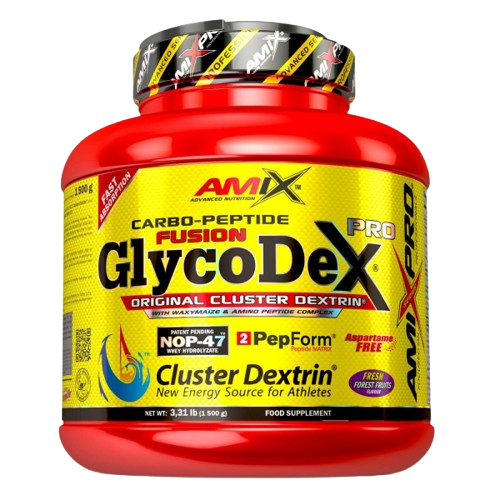 Pote do suplemento Amix GlycoDex Pro 1,5 kg, com Cluster Dextrin®, amido de milho ceroso e peptídeos bioativos, ideal para energia contínua e recuperação muscular. BIGFORCESTORE