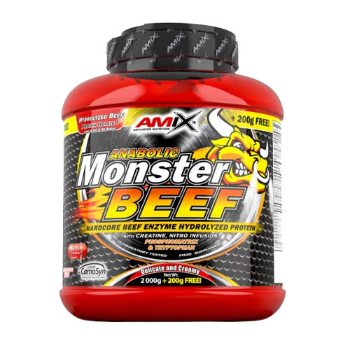 Pote do suplemento Amix Monster Beef Protein 1 kg, proteína hidrolisada de carne bovina com creatina, ideal para ganho de massa muscular e recuperação intensa. BIGFORCESTORE