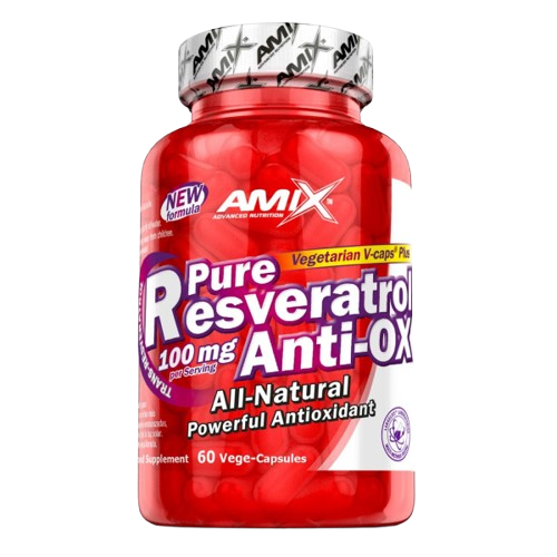 Frasco do suplemento Amix Pure Resveratrol Anti-OX 60 cápsulas, com 100 mg de resveratrol puro por dose, para ação antioxidante e saúde cardiovascular. BIGORCESTORE