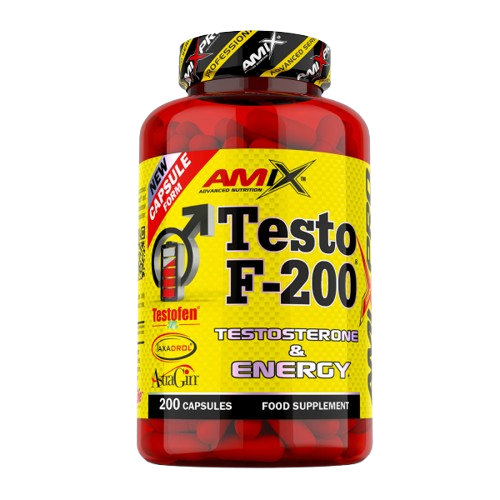 rasco do suplemento Amix Testo F-200 com 200 cápsulas, fórmula natural com D-Aspártico, Testofen® e Zinco para suporte hormonal, força e vitalidade masculina. BIGFORCESTORE