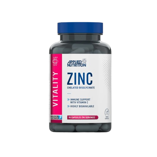 Frasco de 90 cápsulas de Applied Nutrition Zinc – suplemento com 15 mg de zinco quelado e vitamina C para imunidade, recuperação e metabolismo. BIGFORCESTORE