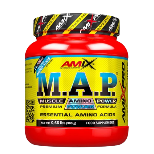 Pote do suplemento AmixPro M.A.P. Muscle Amino Power 344g, fórmula com aminoácidos essenciais em forma livre para recuperação muscular e desempenho esportivo. BIGFORCESTORE