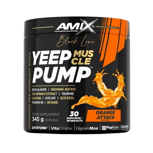 Pote de Yeep Pump Caff Amix Black Line – pré‑treino com 200 mg de cafeína, beta‑alanina, arginina e Oxystorm® para energia, foco e pump muscular. BIGFORCESTORE