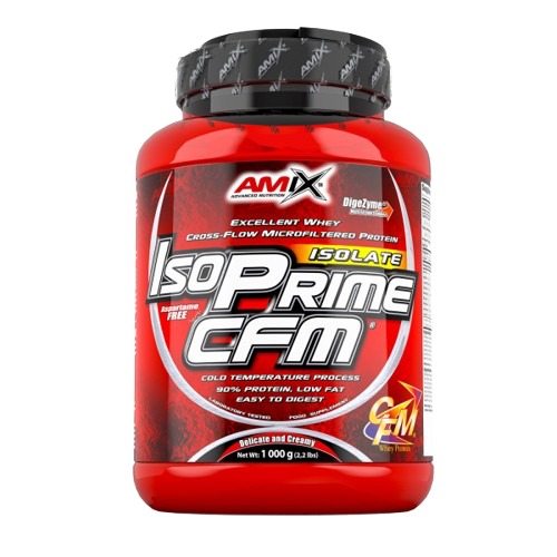 Embalagem do suplemento Amix IsoPrime CFM® Isolate – whey protein isolado premium com 90% de pureza, tecnologia CFM® e enzimas digestivas DigeZyme®. BIGFORCESTORE