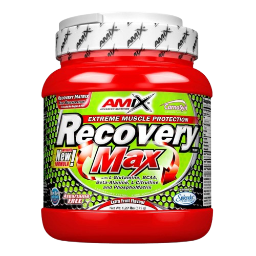 Pote do suplemento Amix Recovery Max 575g, fórmula pós-treino com BCAA, glutamina, beta-alanina e minerais para recuperação muscular e redução da fadiga. BIGFORCESTORE