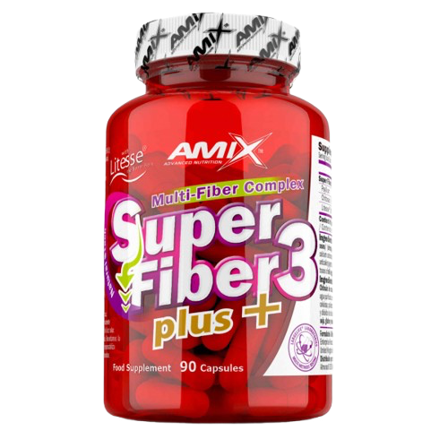 Frasco do suplemento Amix Super Fiber 3 Plus 90 cápsulas, com fibras de psyllium, chitosan e Litesse® para saúde digestiva, saciedade e controle do colesterol. BIGFORCESTORE