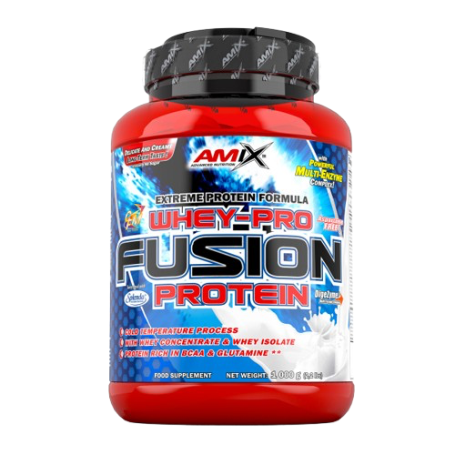 Pote 1kg Whey Pro Fusion Amix com 26g de proteína por dose e DigeZyme®. Excelente sabor, fácil digestão e alta qualidade para recuperação e ganho muscular. BIGFORCESTORE
