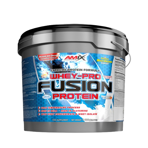 Pote 1kg Whey Pro Fusion Amix com 26g de proteína por dose e DigeZyme®. Excelente sabor, fácil digestão e alta qualidade para recuperação e ganho muscular. BIGFORCESTORE
