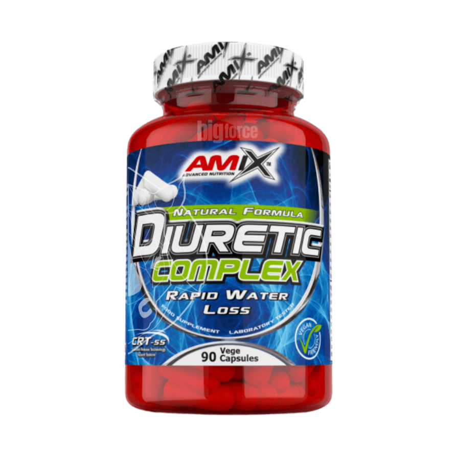 Frasco do suplemento Amix Diuretic Complex 90 cápsulas, com extratos vegetais, vitamina B6 e cafeína, desenvolvido para redução de retenção de líquidos e definição corporal. BIGFORCESTORE