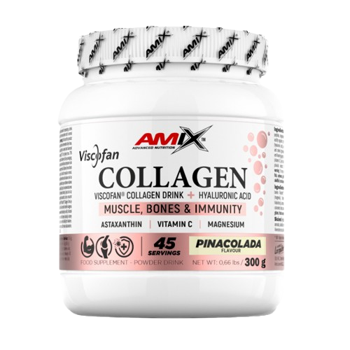 Pote do suplemento Amix Colágeno Viscofan® 300g, com colágeno bovino hidrolisado, ácido hialurónico, astaxantina, magnésio e vitamina C, para articulações, ossos e pele saudável. BIGFORCESTORE