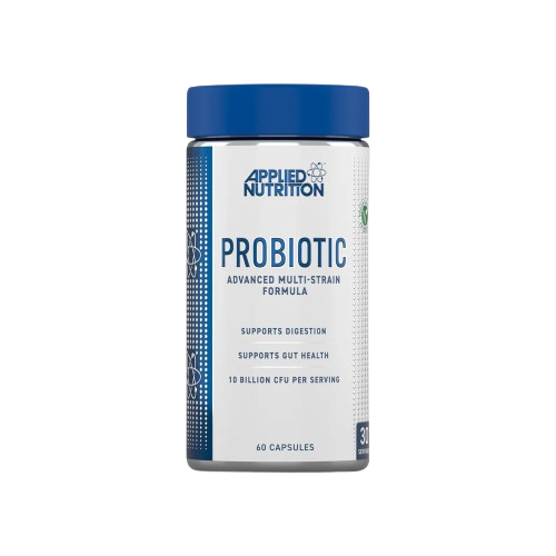 Frasco do Applied Nutrition Probiotic Advanced Multi-Strain Formula – 60 cápsulas com 10 bilhões CFU, 10 cepas probióticas, prebiótico e certificação vegan/Halal. BIGFORCESTORE