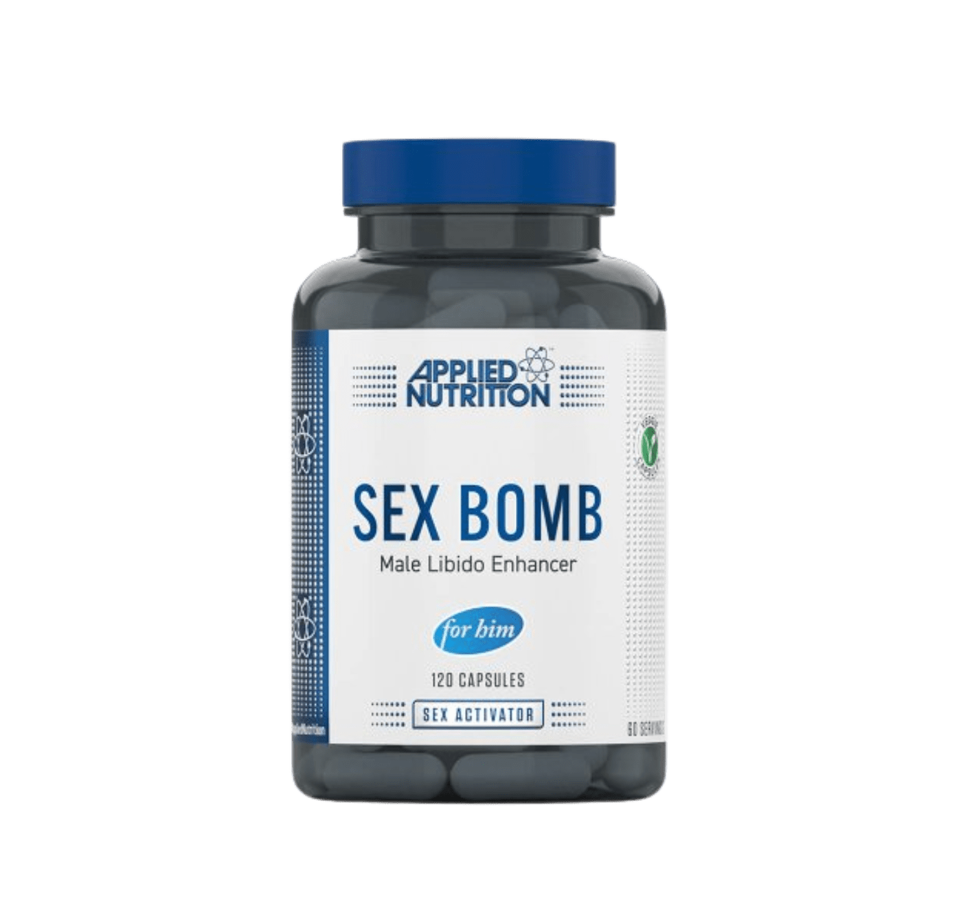 Frasco de Sex Bomb For Him da Applied Nutrition – 120 cápsulas veganas com L-arginina, maca, ashwagandha e feno-grego para aumento natural da libido e sensibilidade masculina. BIGFORCESTORE.