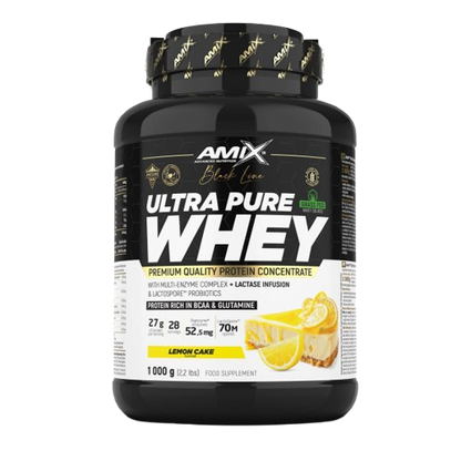Pote 1KG de Ultra Pure Whey Black Line da Amix – proteína de soro concentrada premium com enzimas digestivas e probióticos para recuperação e performance. BIGFORCESTORE