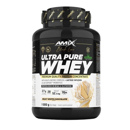 Pote 1KG de Ultra Pure Whey Black Line da Amix – proteína de soro concentrada premium com enzimas digestivas e probióticos para recuperação e performance. BIGFORCESTORE