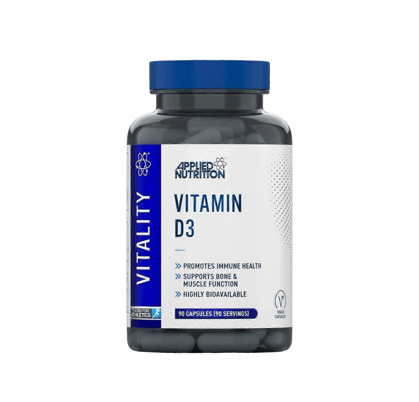 Frasco de Vitamin D3 da Applied Nutrition com 90 cápsulas vegetais – suplemento essencial para imunidade, saúde óssea, hormonal e cerebral. BIGFORCESTORE