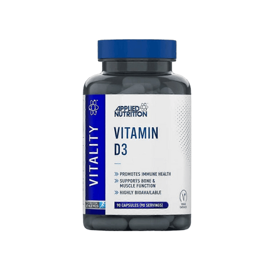 Frasco de Vitamin D3 da Applied Nutrition com 90 cápsulas vegetais – suplemento essencial para imunidade, saúde óssea, hormonal e cerebral. BIGFORCESTORE