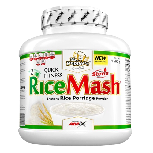 Pote do suplemento Amix RiceMash 1,5 kg, farinha de arroz instantânea extrusada, ideal para papas, panquecas e receitas nutritivas com fácil digestão. BIGFORCESTORE